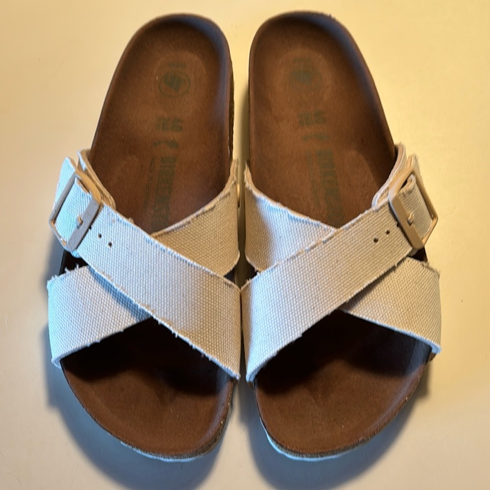 Birkenstock Siena Canvas Ivory Eggshell Vegan Sandals Cross Strap Buckle Slides